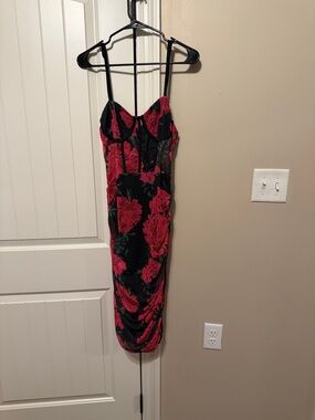 SHEIN Black Midi Dress with Red Floral Print